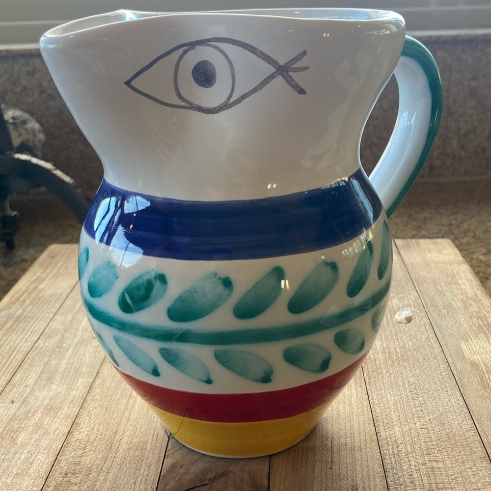 De Simone Pitcher Italian Egyptian Eye Ceramic Pitcher Italian Vase Flawless